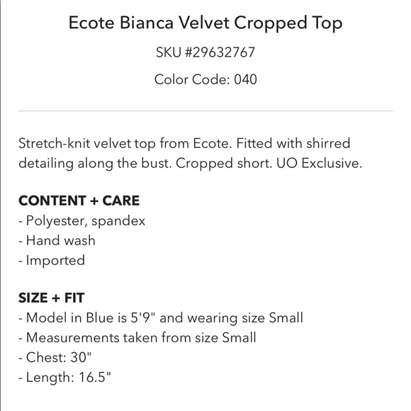 New Ecote Bianca Velvet Cropped Top - Picture 5 of 5